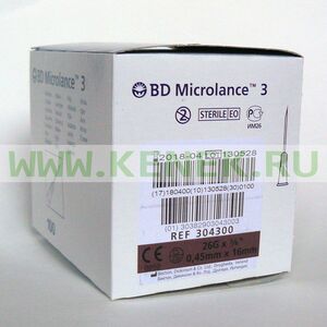 BD Microlance Игла одноразовая инъекционная стерильная 26G (0,45 х 16 мм) тонкая стенка [100шт/уп]